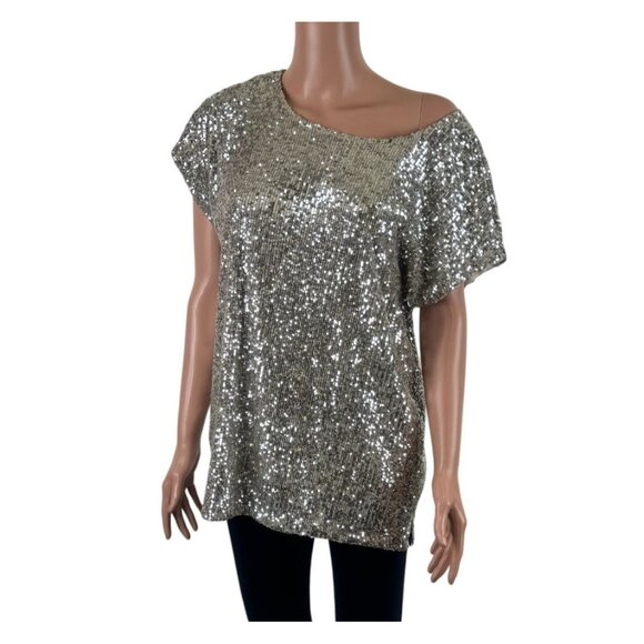 Cable & Guage Sequins Scoop Neck Short Sleeve Top Blouse Size Large - Picture 10 of 13